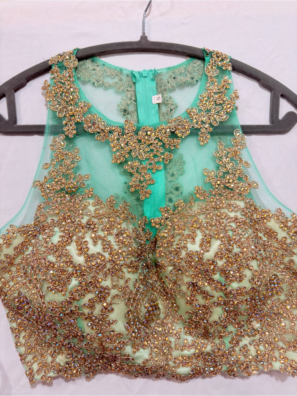 Dancing Queen Embellished Mint Green Women's Crop Bra Top Padded Size S - Picture 2 of 5